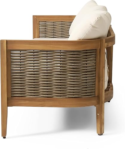 Miniatura 7 de Merax Sofá de mimbre de madera de acacia al aire libre de 3 plazas, juego de conversación de muebles de patio para patio trasero