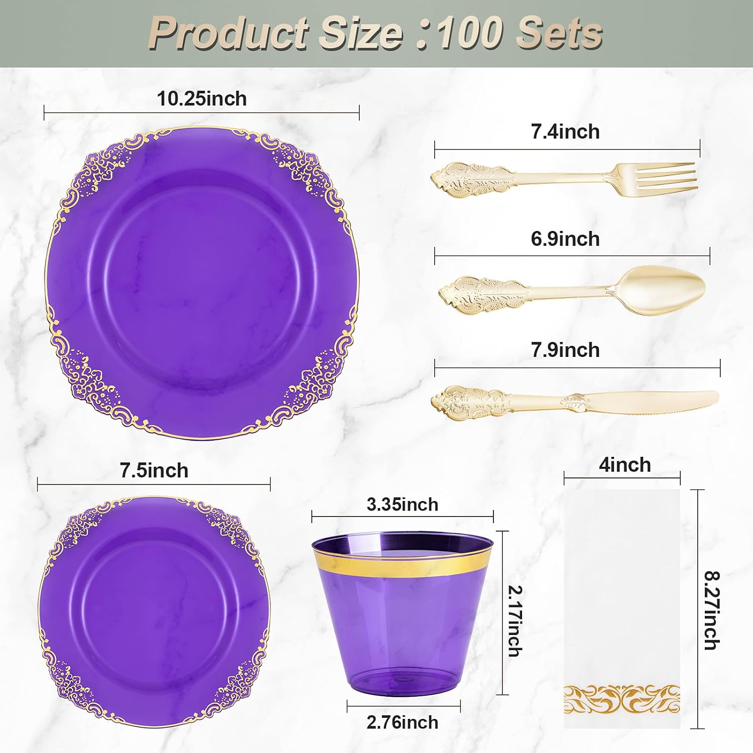 700PCS Clear Purple Plastic Plates for 100 Guests, Disposable Plate with Gold Trim include 100 Dinner plates, 100 Dessert Plates, 100 Gold Silverware, Cups and Napkins for Party, Graduation