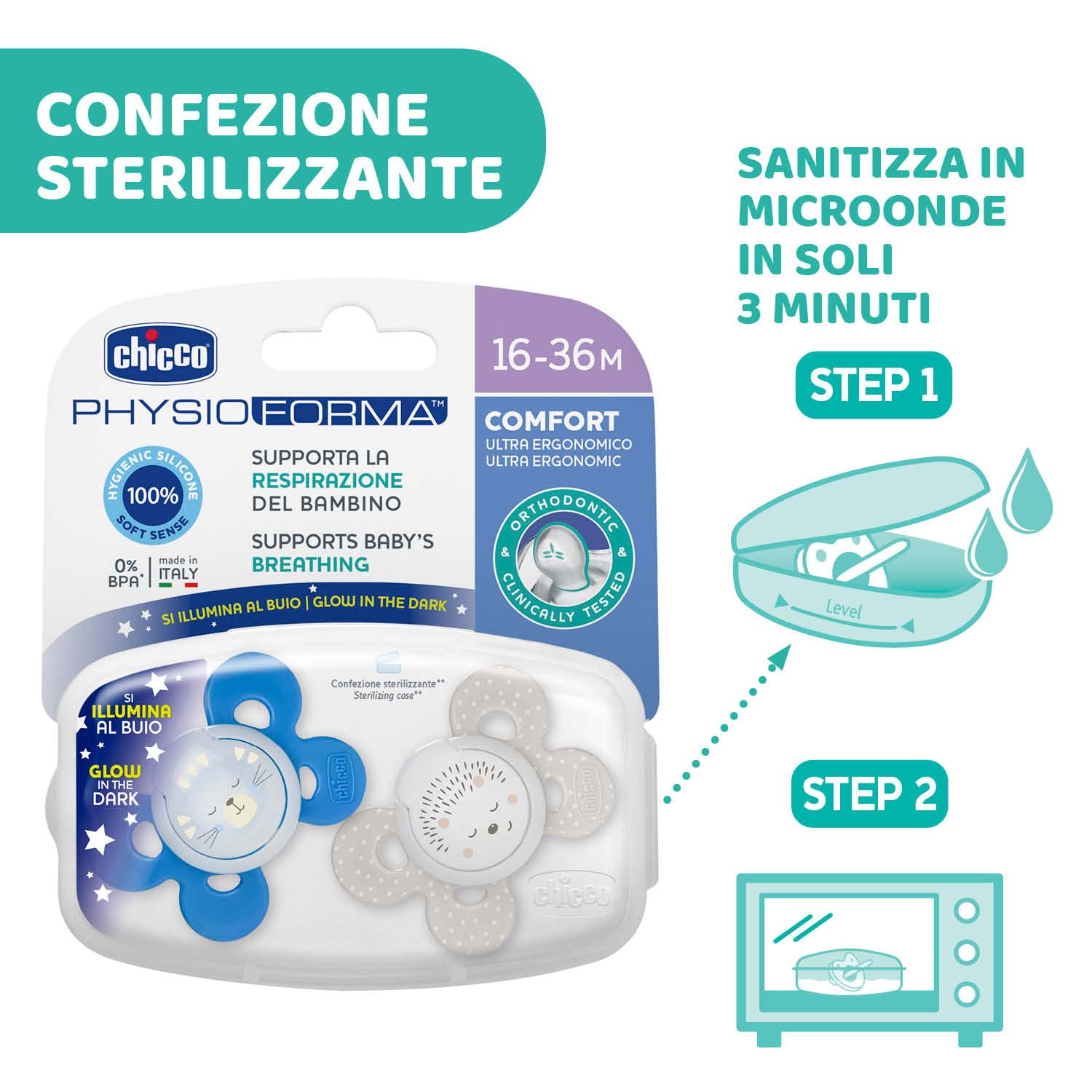 Chicco Physio Comfort Night Succhietto Silicone 16-36 Mesi 2 Pezzi