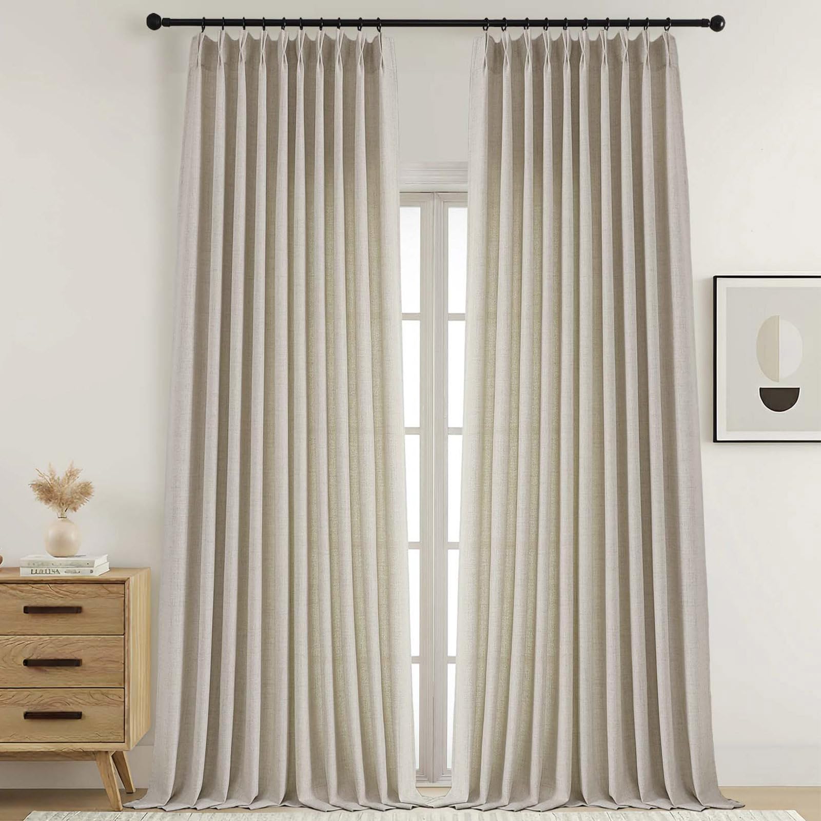 Ebesto Extra Wide Pinch Pleated Curtains 108 Inches Long, Faux Linen Textured Light Filtering Curtains for Patio Sliding Glass Door, Back Tab Modern Drapes, Linen Color, 9FT, 2PCS, 2x60Wx108L Inches โ image 1