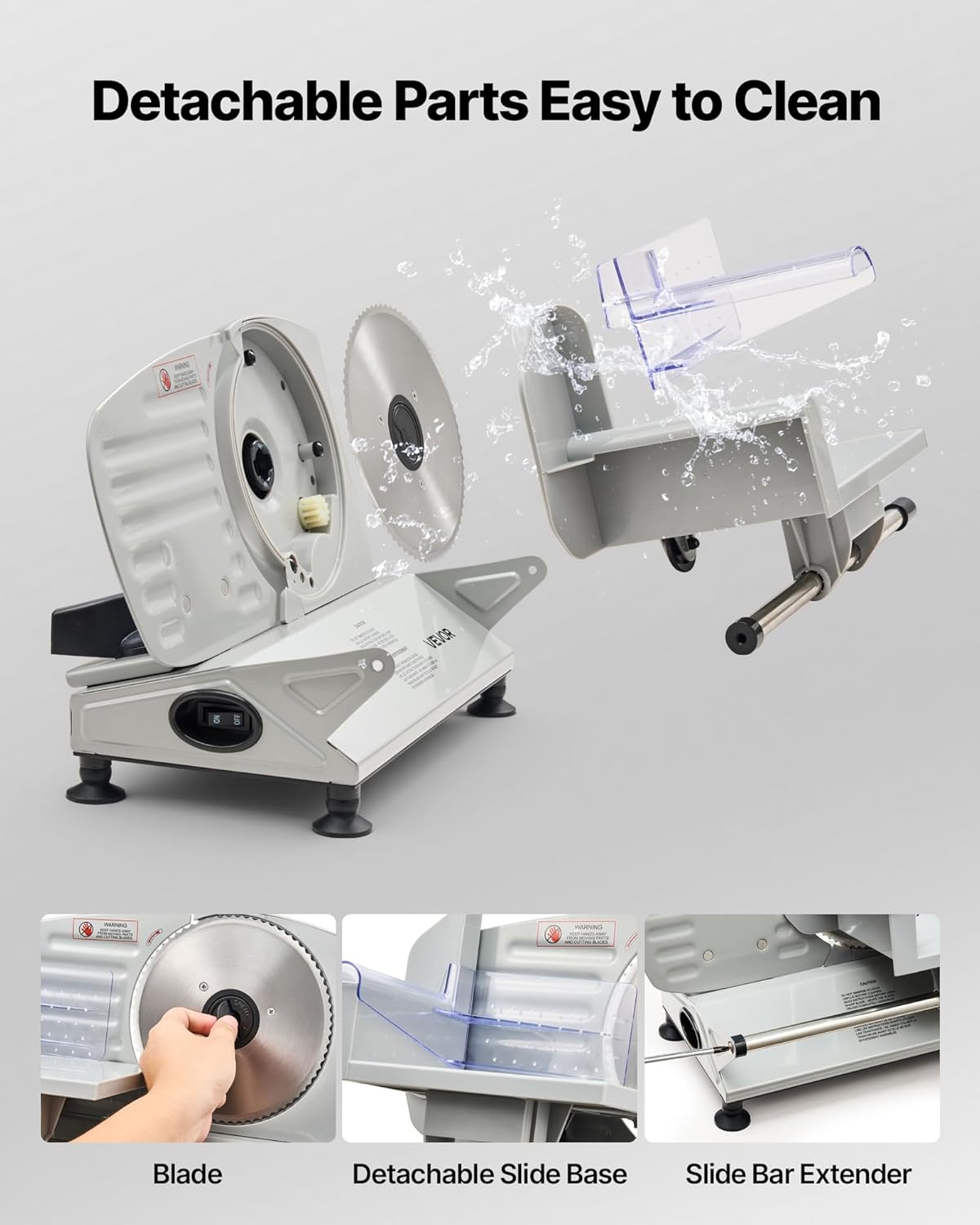 Exploded view of the VEVOR meat slicer showing detachable parts like the blade, detachable slide base, and slide bar extender for easy cleaning.