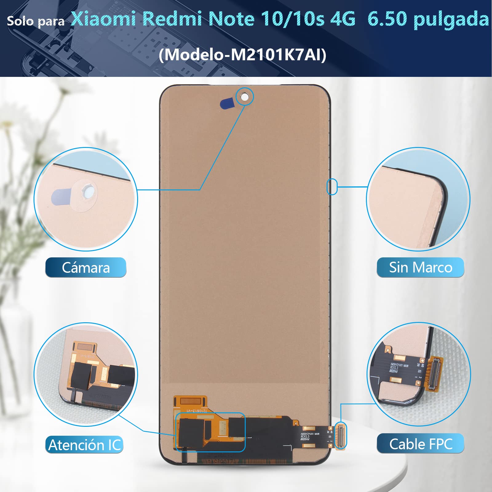 RongZy Pantalla para Xiaomi Redmi Note 10/Note 10s 4G Pantalla Táctil LCD Kit de Pantalla de Repuesto Ensamblaje Digitalizador de Reemplazo con Herramientas(No 5G)