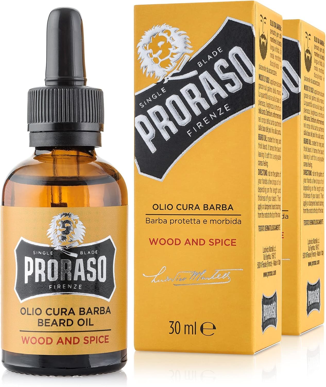 Proraso Olio Cura Barba Wood and Spice, 2 x 30ml, Olio da barba uomo con effetto ammorbidente e nutriente, Olio barba folta e lunga, Made in Italy