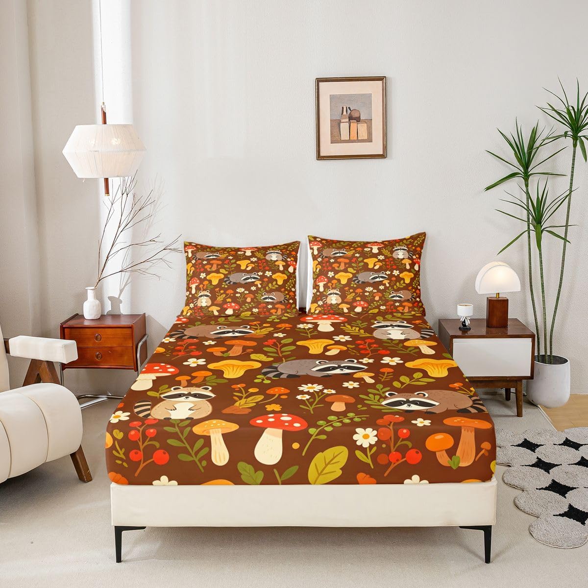 Erosebridal Watercolor Mushroom Full Fitted Sheet Nature Kawaii Raccoon Bed Sheets Kids Teens Daisy Leaves Bedding Set Cartoon Jungle Animal Sheets