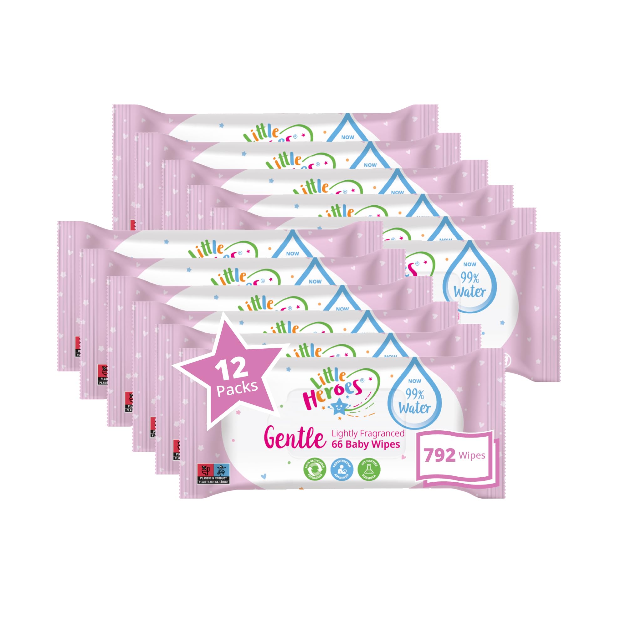 Little Heroes Gentle Baby Wipes Lightly Fragranced Water Wipes - 792 count 12 x 66 Pack
