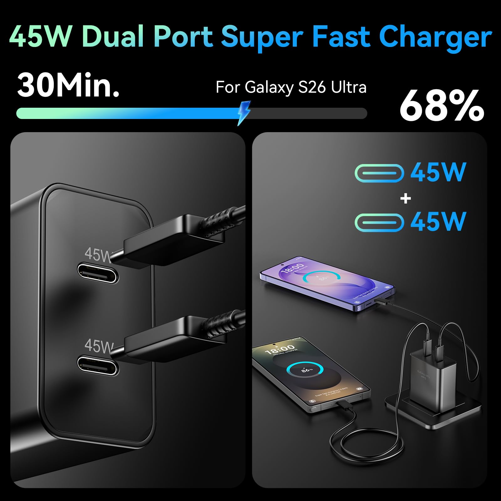 2 caricabatterie super veloci da 45 W a 2 porte di tipo C con cavo USB C da 3 m con blocco caricatore per telefono Android per Samsung Galaxy S25 Ultra/S25+/S24/S24 Ultra/S23/S22/S20/Note10+