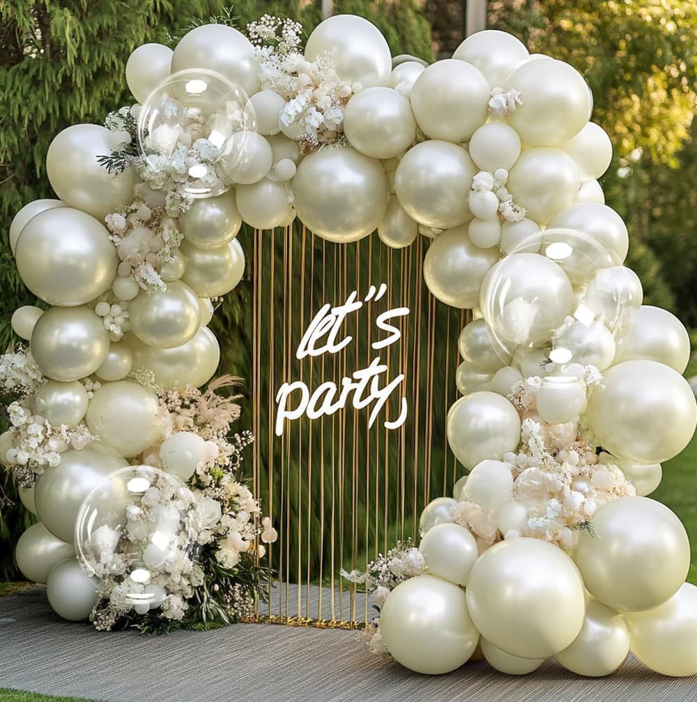Pearl Balloon Garland Double Stuffed Pearl White Gold Balloon Arch Kit Different Sizes With Clear Bobo Balloon for Birthday Baby Shower Anniversary Wedding Party decor
