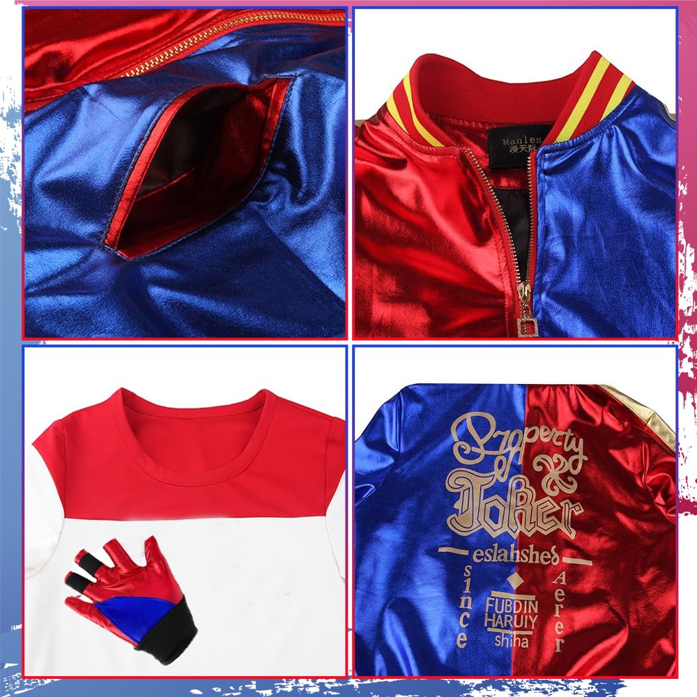 BITOYO Costume da Quinn Bambina, Costume da Quinn Clown Cosplay Joker Costume con T-Shirt Giacca Pantaloncini e Guanti Costumi per Ragazze Halloween Natale Carnevale Costumi Cosplay