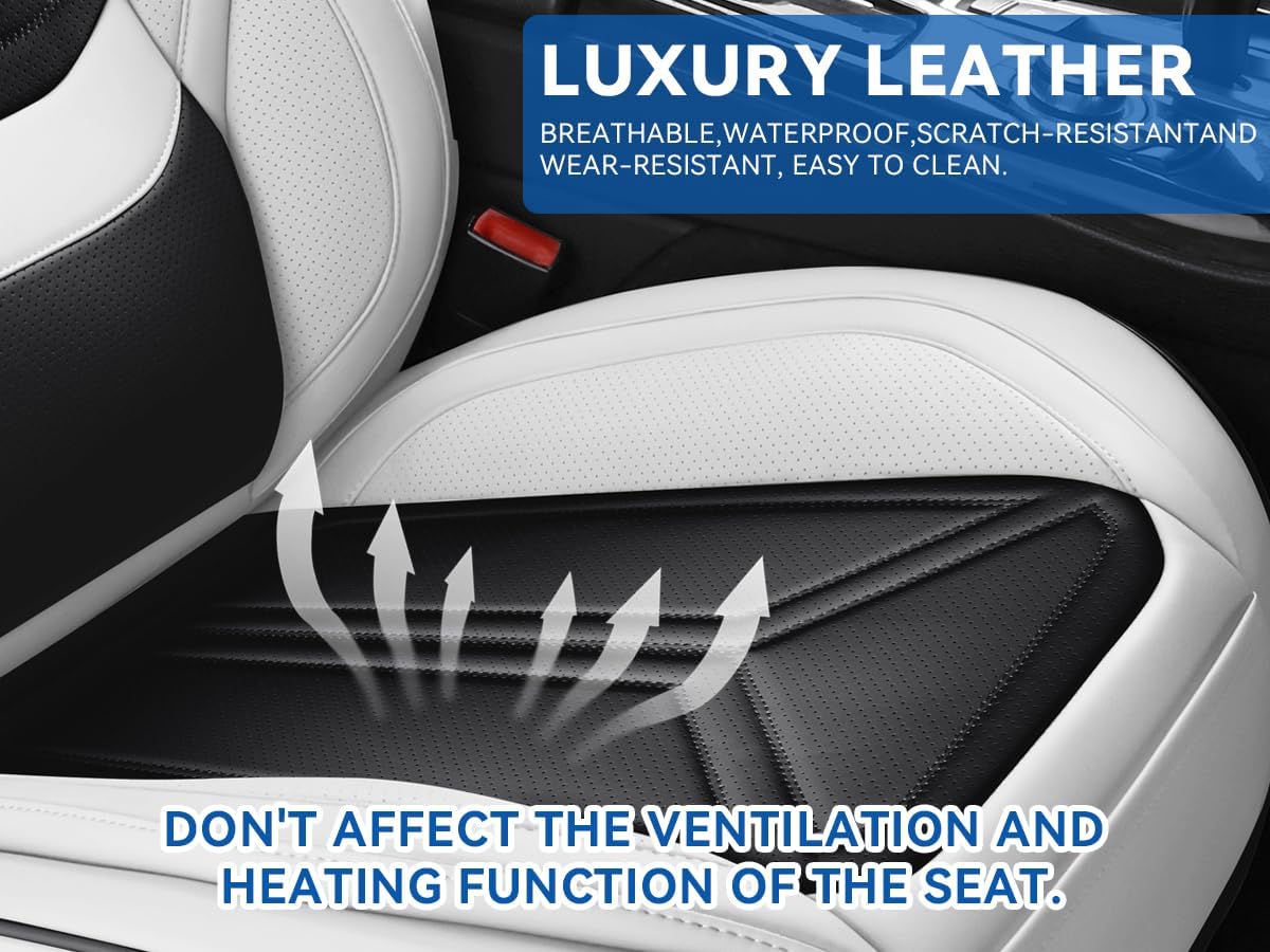 Car Seat Covers, Premium Leather Car Seat Covers, Waterproof and Breathable Seat Covers, Universal Car Seat Protector Fit for Cars, Trucks, SUVs, Pick-ups (Black & White, 2 PCS Front Seat)