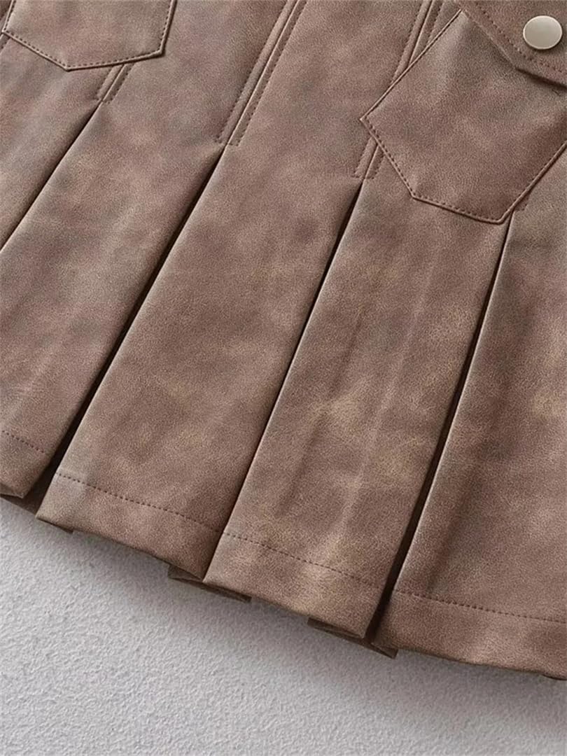 Women Autumn Pleated Shorts Skirts Sexy Pu Mid Waist Mini Skirt A-Line Skorts