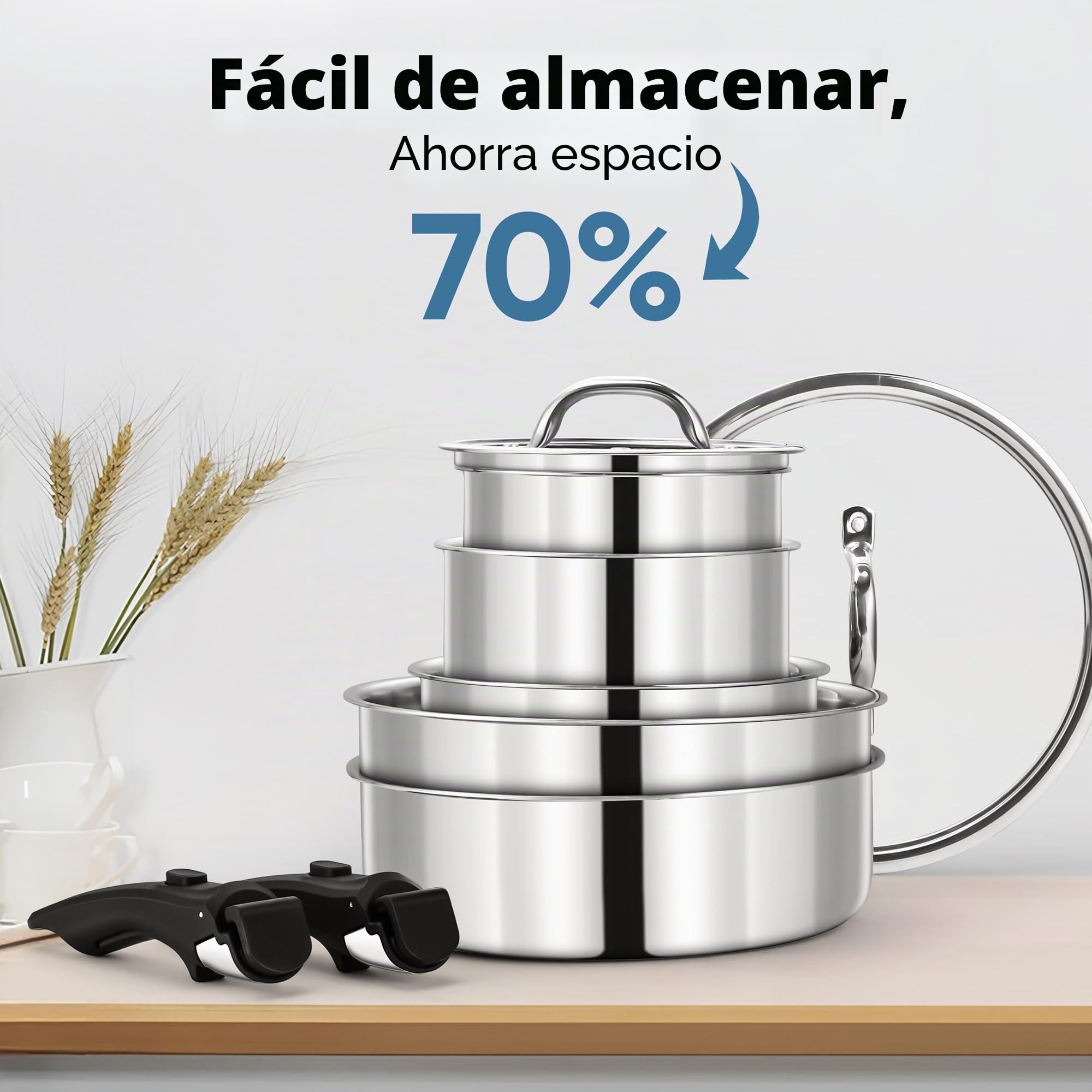 Joyfair Set de ollas, 9 piezas de ollas de acero inoxidable con mango desmontable, juego de sartenes apto para inducción con sartén, olla, olla de cocción lenta y tapa, para todo tipo de cocinas, apto