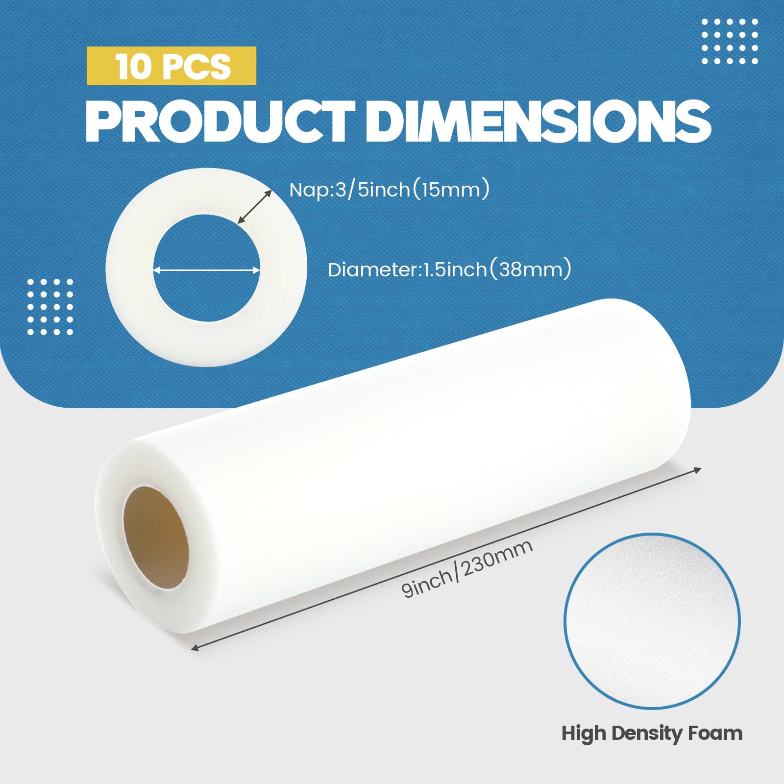 Nuenen 10 rodillos de pintura de espuma de 9 pulgadas, rodillo de pintura de espuma de alta densidad para pintar puertas, casas, armarios, techos, muebles, acabados lisos y uniformes, superficies