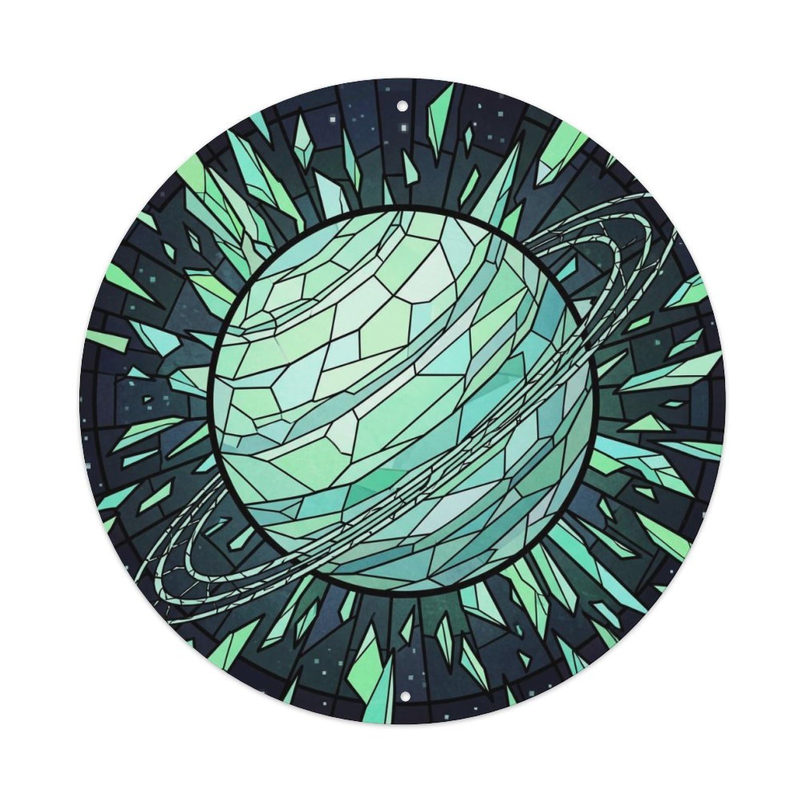 Ringed Planet Stained Glass Ice Orbit Cosmic Galaxy Space Metal Tin Sign Plaque Wall Decor for Cafe, Man Cave, Club Bar, Office, Home Garden Round Metal Poster 8x8Inch