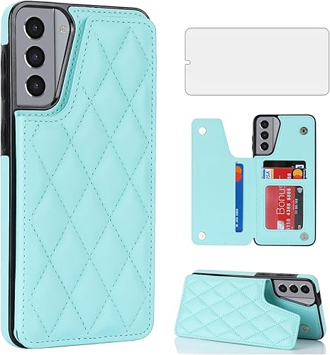 Asuwish Funda de teléfono para Samsung Galaxy S21 Plus S21+ 5G Funda tipo cartera con protector de pantalla y soporte de cuero RFID para tarjetas de