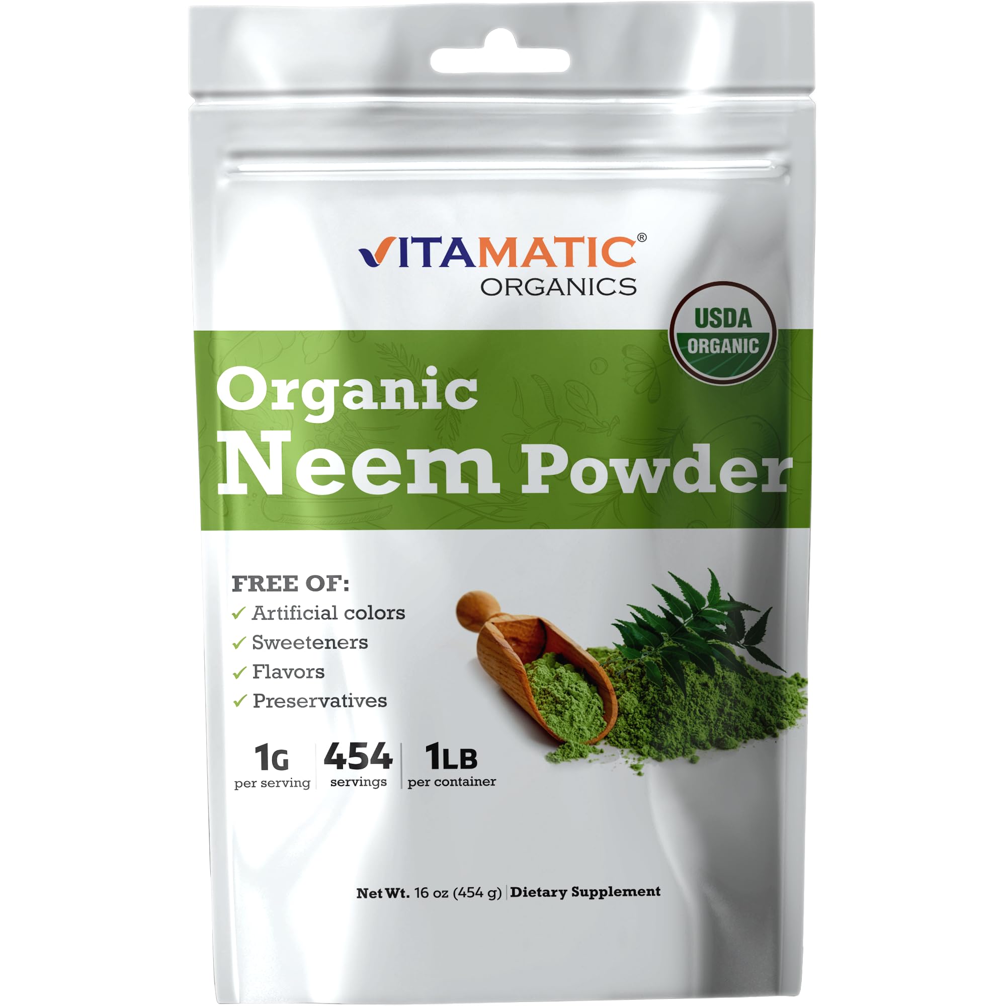 Vitamatic Certified USDA Organic Neem Leaf Powder – 1 lb (16 oz) 100% Pure Azadirachta Indica | Traditional Ayurvedic Herb for Skin, Immune, and Detox Support