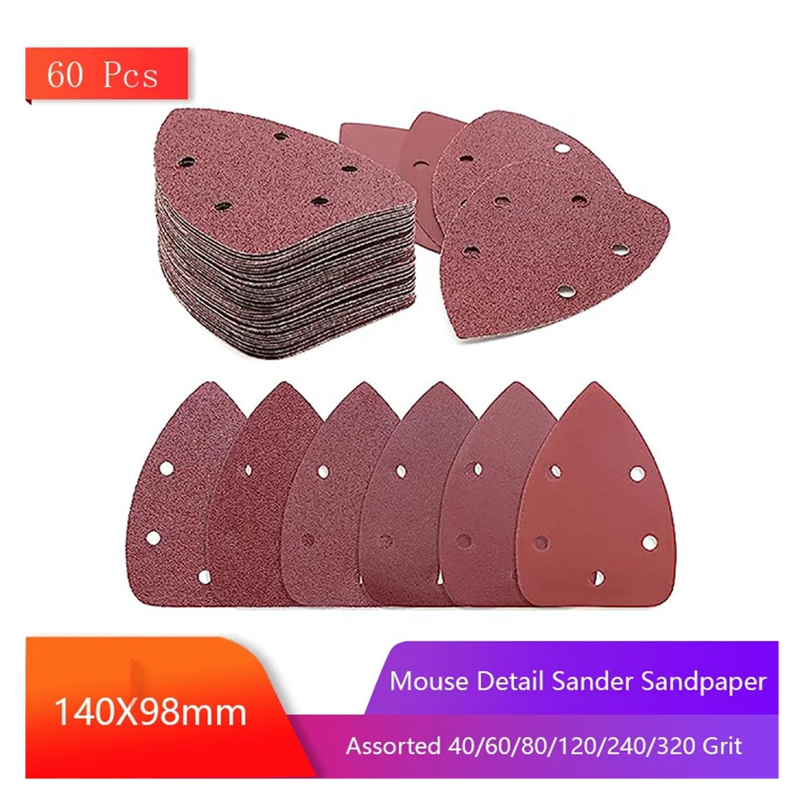 Hojas de Lijado Almohadillas de Pulido, Papel de Lija for lijadora de Detalles de ratón de 140 x 98 mm, 5 Agujeros, 60 Piezas con Gancho y Bucle Surtido