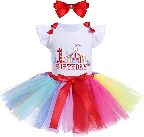 Miniatura 1 de IMEKIS Traje de circo para el primer cumpleaños de bebé niña con falda tutú arcoíris + diadema para Halloween, sesión de fotos