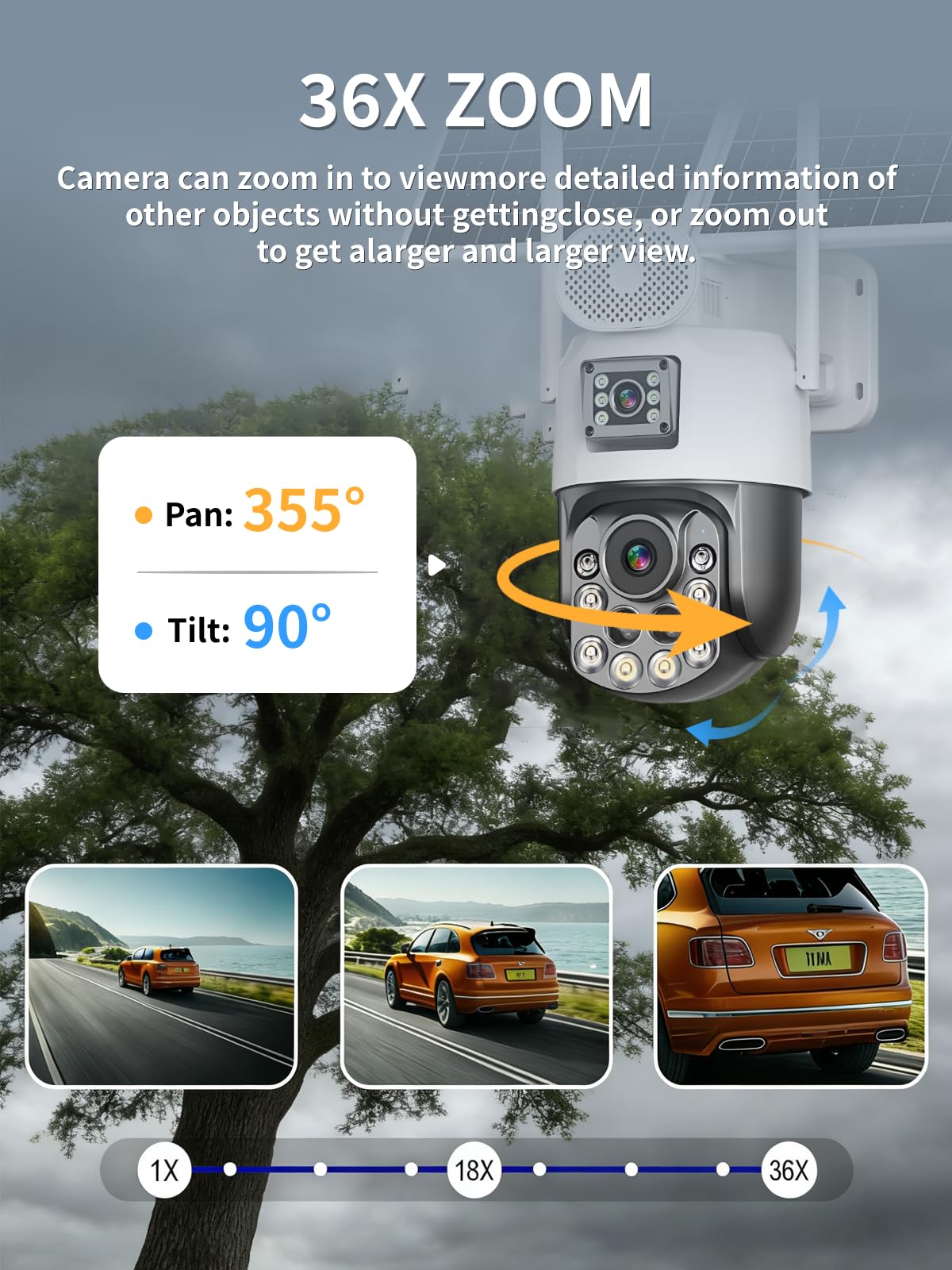 Telecamera di sicurezza wireless per esterni, 4G Solar IP66 impermeabile, rilevamento del movimento, doppia fotocamera HD da 6 MP, panoramica e inclinabile, zoom 36x, include scheda SD da 64 GB
