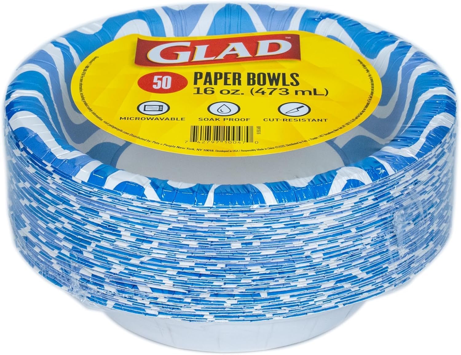 Glad Round Disposable Paper Bowls, Blue Waves Design - Heavy Duty, Soak-Proof, Cut-Resistant, Microwavable Paper Bowls for All Foods, Daily Use, and Special Occasions, 16 oz, 50 Count - 6 Pack