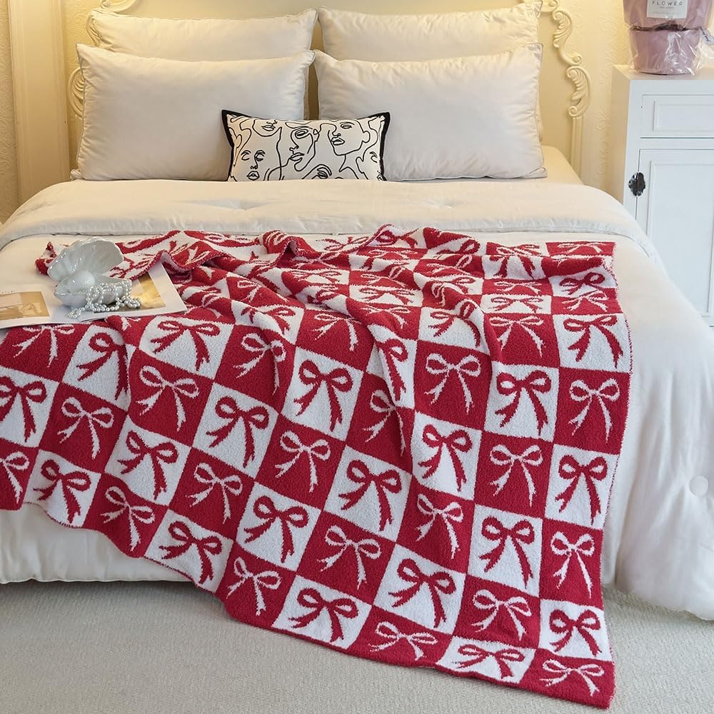 Ultra Soft Cozy Fluffy Microfiber Checkered Knitted Throw Blanket Cherry Checkerboard Double Sided Lightweight Warm Bed Blanket for Valentine's Day Mother's Day Birthday Gifts 50x60 Inch Red (Red)