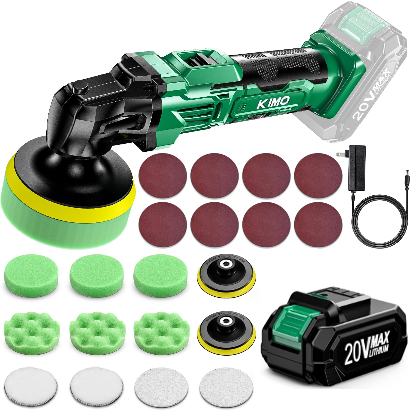 KIMO 20V Cordless Car Buffer Polisher Kit, 24Pcs Polishing Kit, 6 Speeds to 6000RPM / 2000mAh Batteries Cordless Polishers, Buffer Polisher for Car Detailing, Scratch Removing, Boat Sanding &amp; Waxing