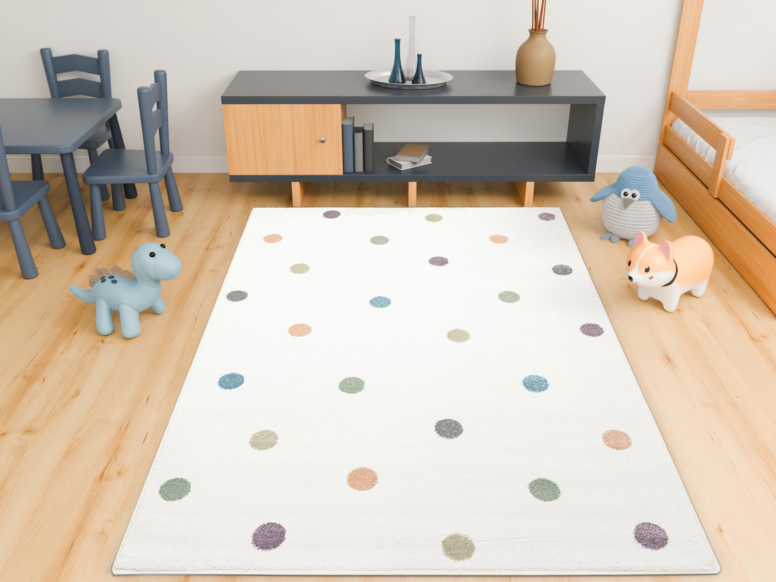 Lima rechteckig Kinder Teppich Pastell Cremig 200x300 cm | Kinderteppich Mädchen | Kinderzimmer Kurzflor Teppiche| Kids Carpet |Spielteppich Kinder Babyzimmer Tepich |gepunktetes Muster |