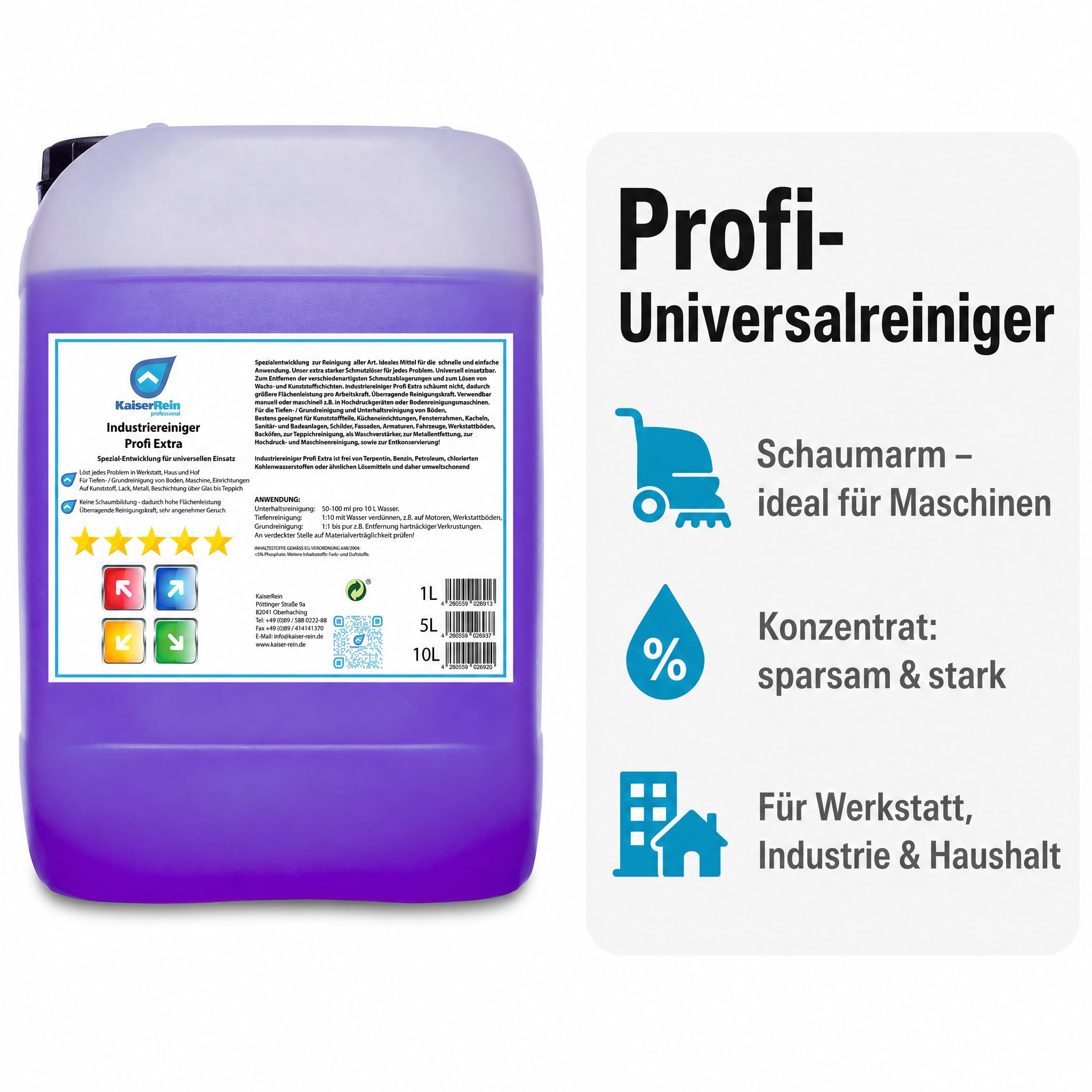 KaiserRein Allzweckreiniger Konzentrat – Industriereiniger Profi Extra,10 L Kanister Universalreiniger für Werkstatt & Haushalt, nicht schäumender Bodenreiniger für Maschinen,