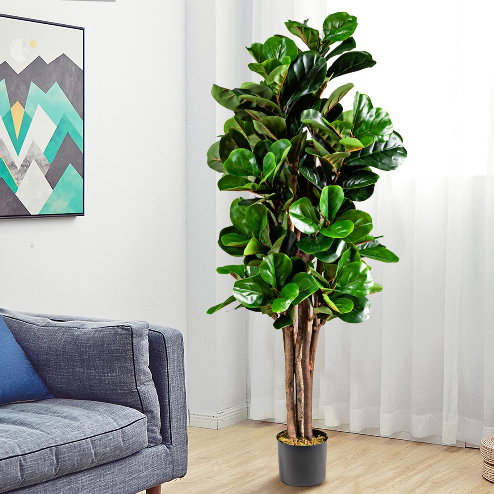 COSTWAY Pianta Finta da Interno da 150 cm, Albero Fico Ficus Artificiale Plastica in Vaso, Pianta Artificiale per Salotto, Camera da Letto e Balcone