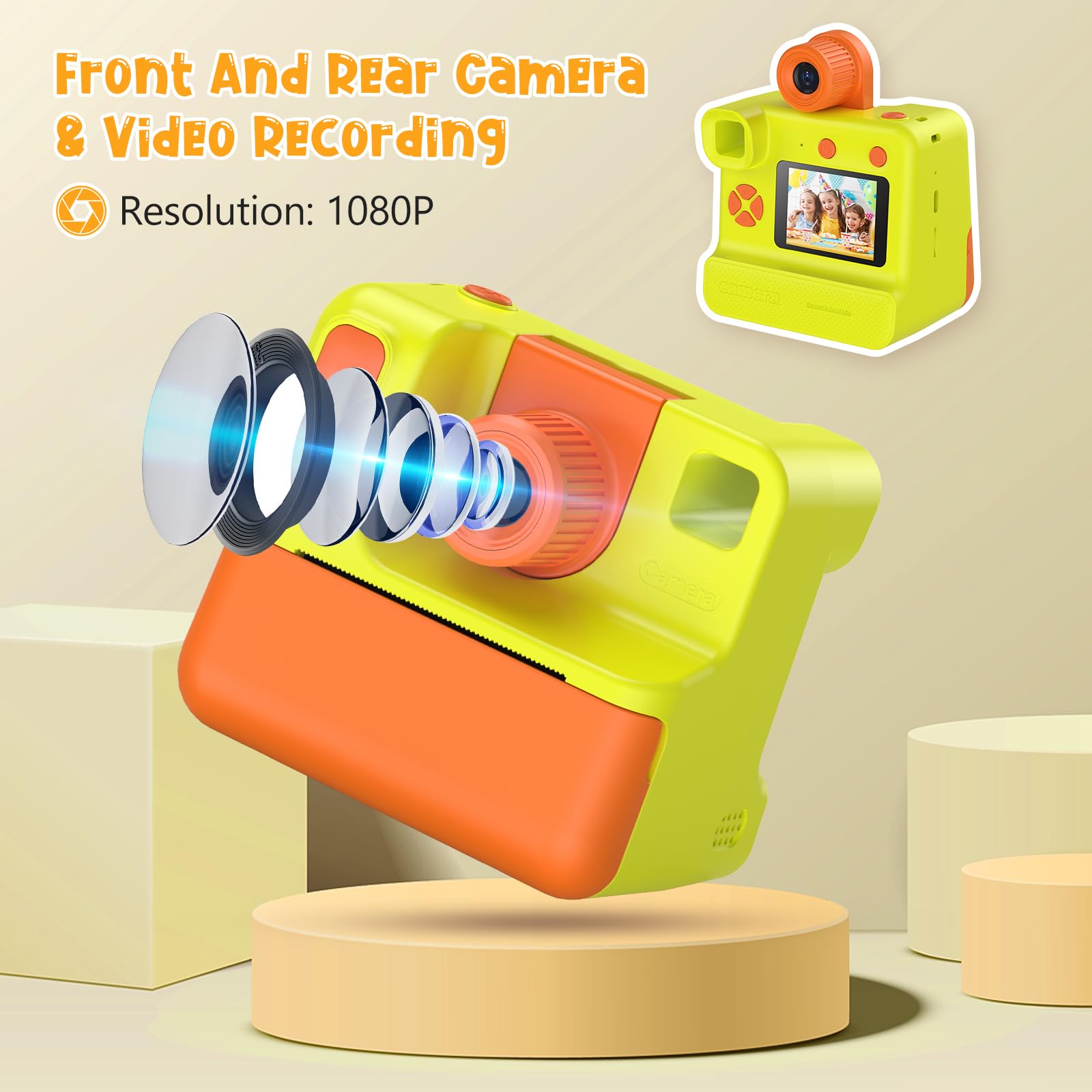 Macchina Fotografica Bambini Istantanea, 1080P Digitale Fotocamera Istantanea Bambini, Regalo per Bambini dai 3-12 Anni, 32GB Scheda SD, 5 Penne Colorate (giallo)