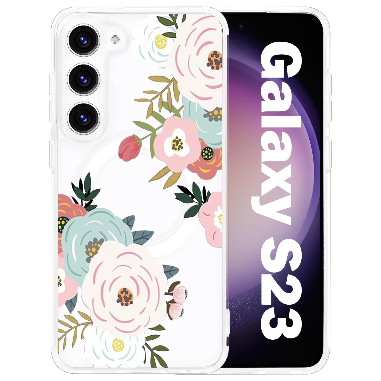 Tcaraersing for Samsung Galaxy S23 Magnetic Clear Case Compatible with MagSafe Cute Flower Pattern Shockproof Hard PC Back Soft TPU Bumper Slim Cover