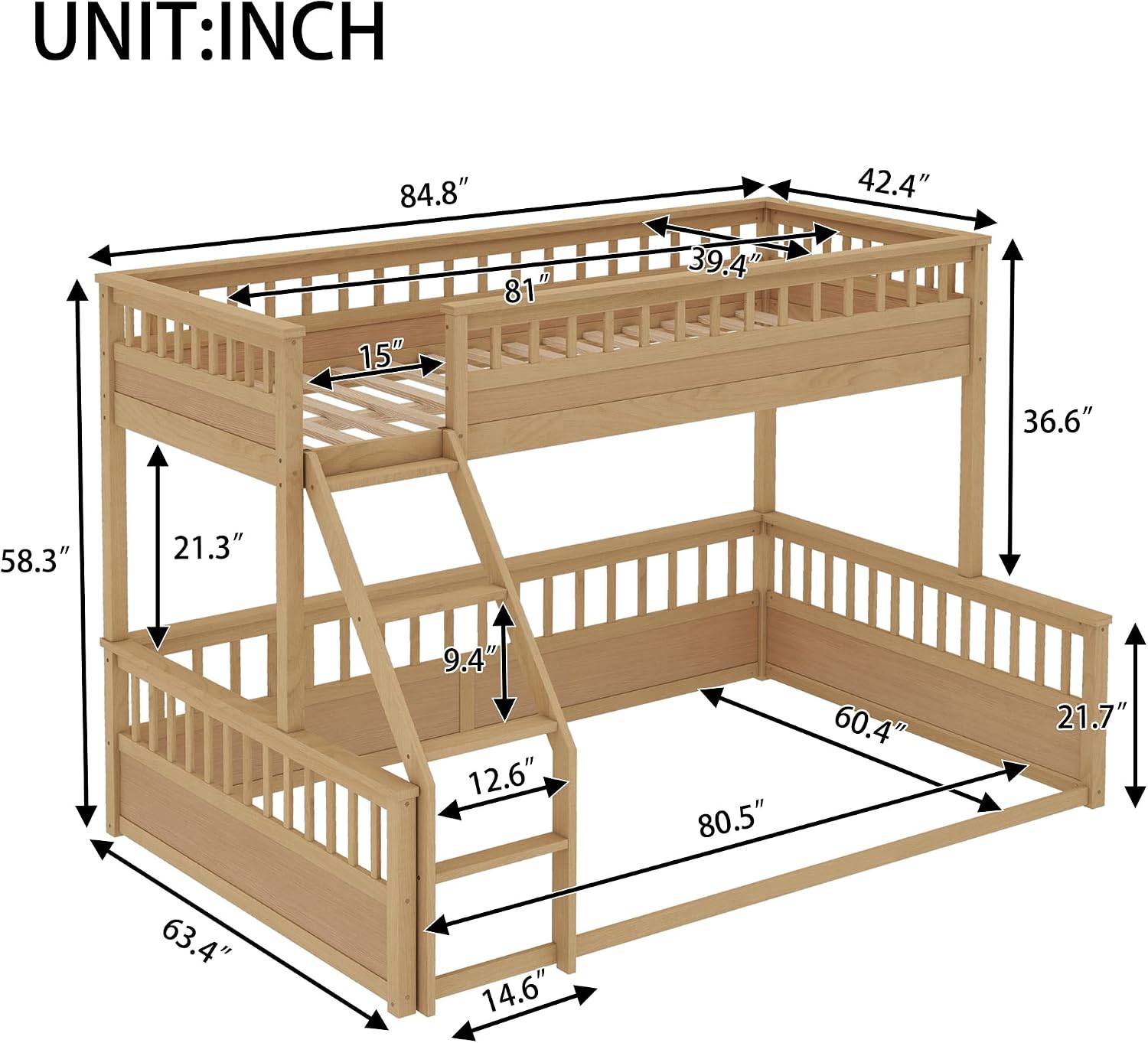 DNYN Twin XL Over Queen Bunk Bed for Kids Bedroom,Solid Wood Bedframe w/Ladder & Safety Guardrails,Can be Separated & Easy Assembly & Super Save Space & No Box Spring Needed, Natural