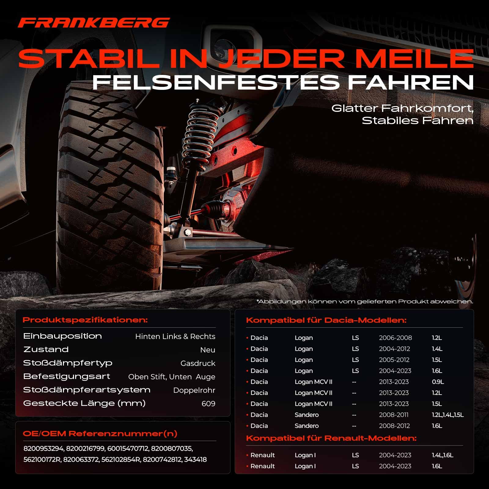 Frankberg 2x Stossdämpfer Stoßdämpfer Hinten 609mm Gasdruck 343418 | Kompatibel mit S.a.n.d.e.r.o/Stepway I BS, Logan MCV II, Logan I LS, S.a.n.d.e.r.o BS, Logan LS