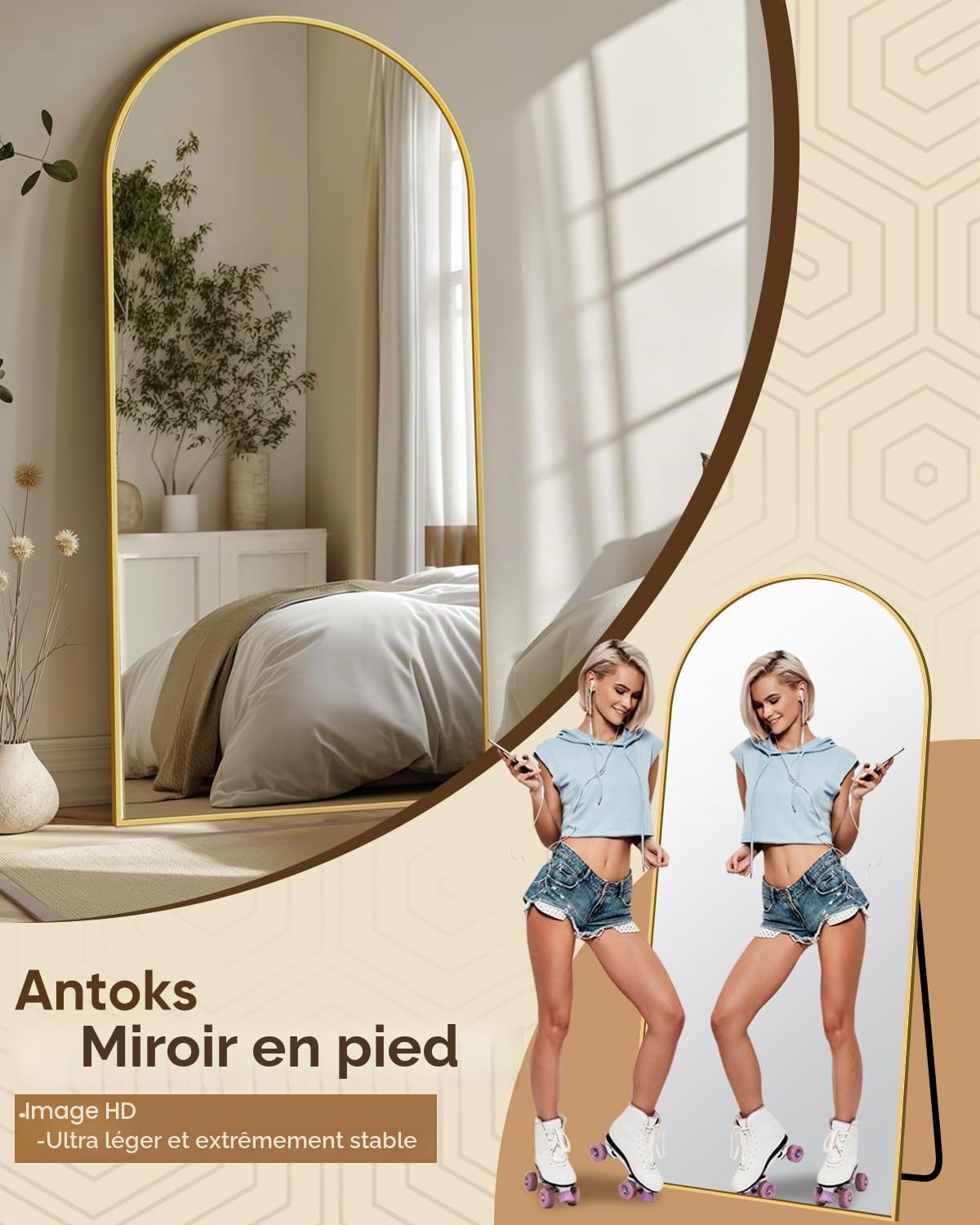 Antok Miroir Pleine Longueur, sur Pied, 180 x 76 cm, avec Cadre en Alliage d'aluminium et Verre incassable, Miroir de Sol bombé pour Salon, Dressing, doré