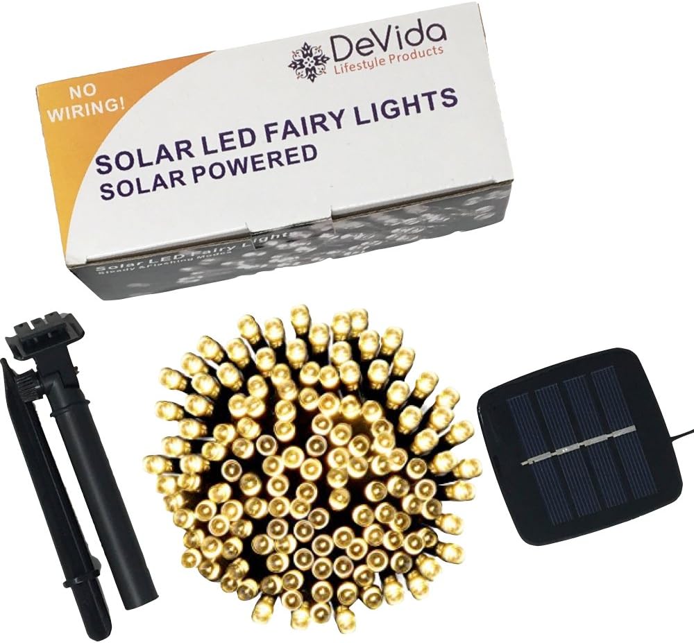 DeVida Solar String Lights 120 Warm White LED, Easy to Install, Automatically Turns on at Night, Outdoor Waterproof, 55 ft Set Includes 13 ft Lead Wire Plus 42 ft Lighted Strands for Tree Wrap