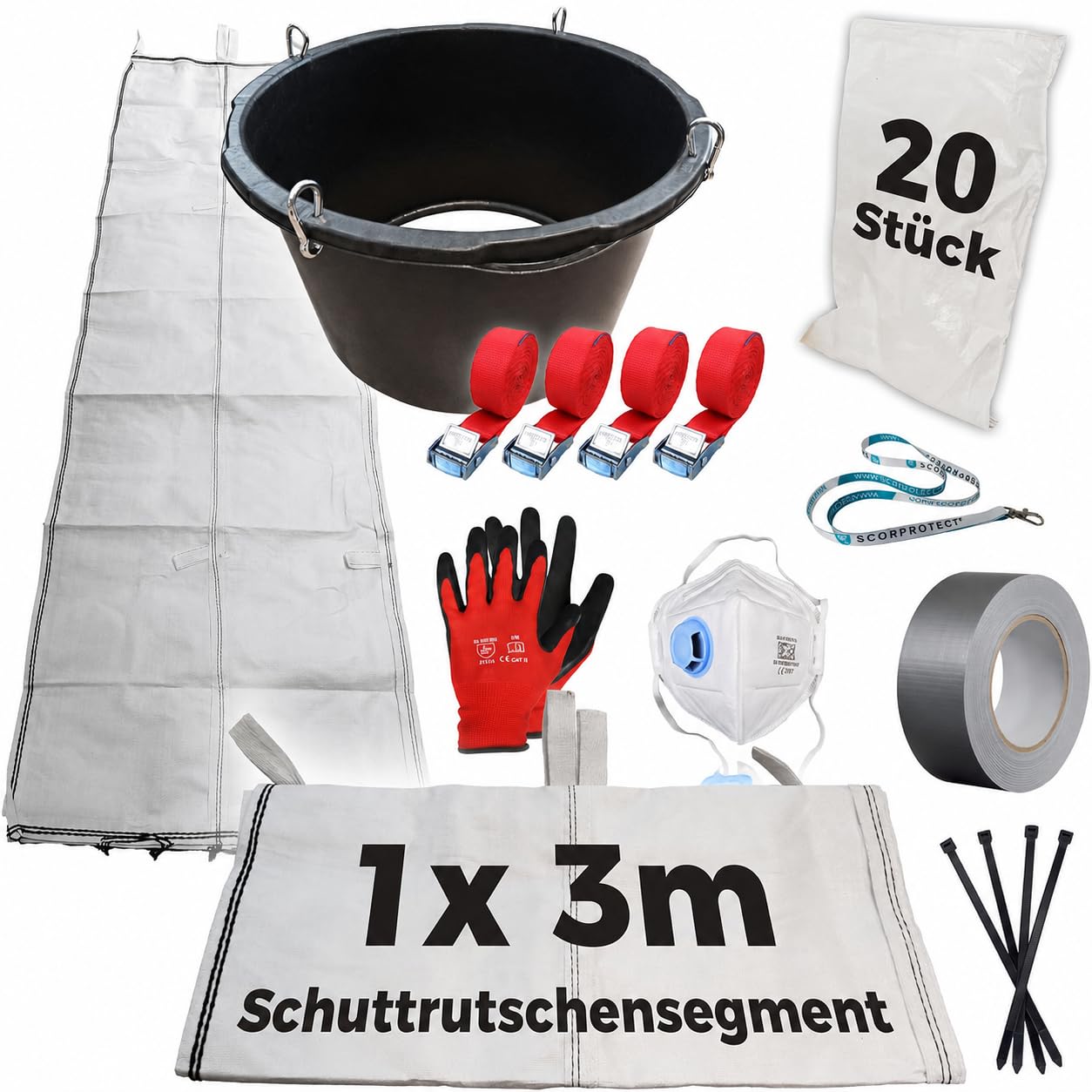 Scorprotect® Schuttrutsche Bauschuttrutsche 3 m flexibel mit Einfülltrichter, 20x Flachsäcke und Zubehör