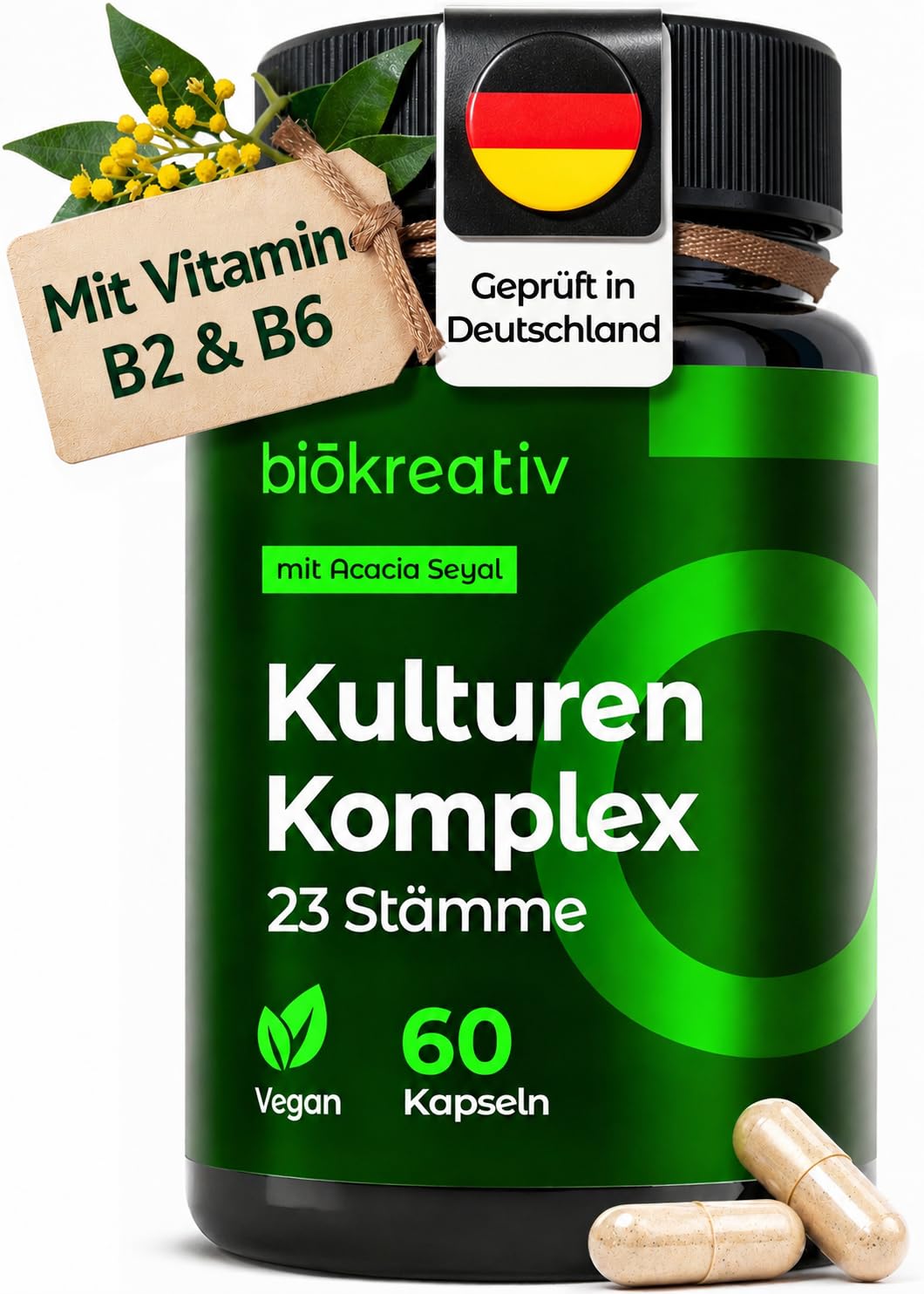 Biökreativ Kulturen Komplex ohne Inulin – 21 Mrd. KBE, 23 Stämme, mit Akazienfaser, Bakterienkulturen, Bifidobakterien, Lactobacillus, Vitamin B2 & B6, Vegan, 60 Kapseln