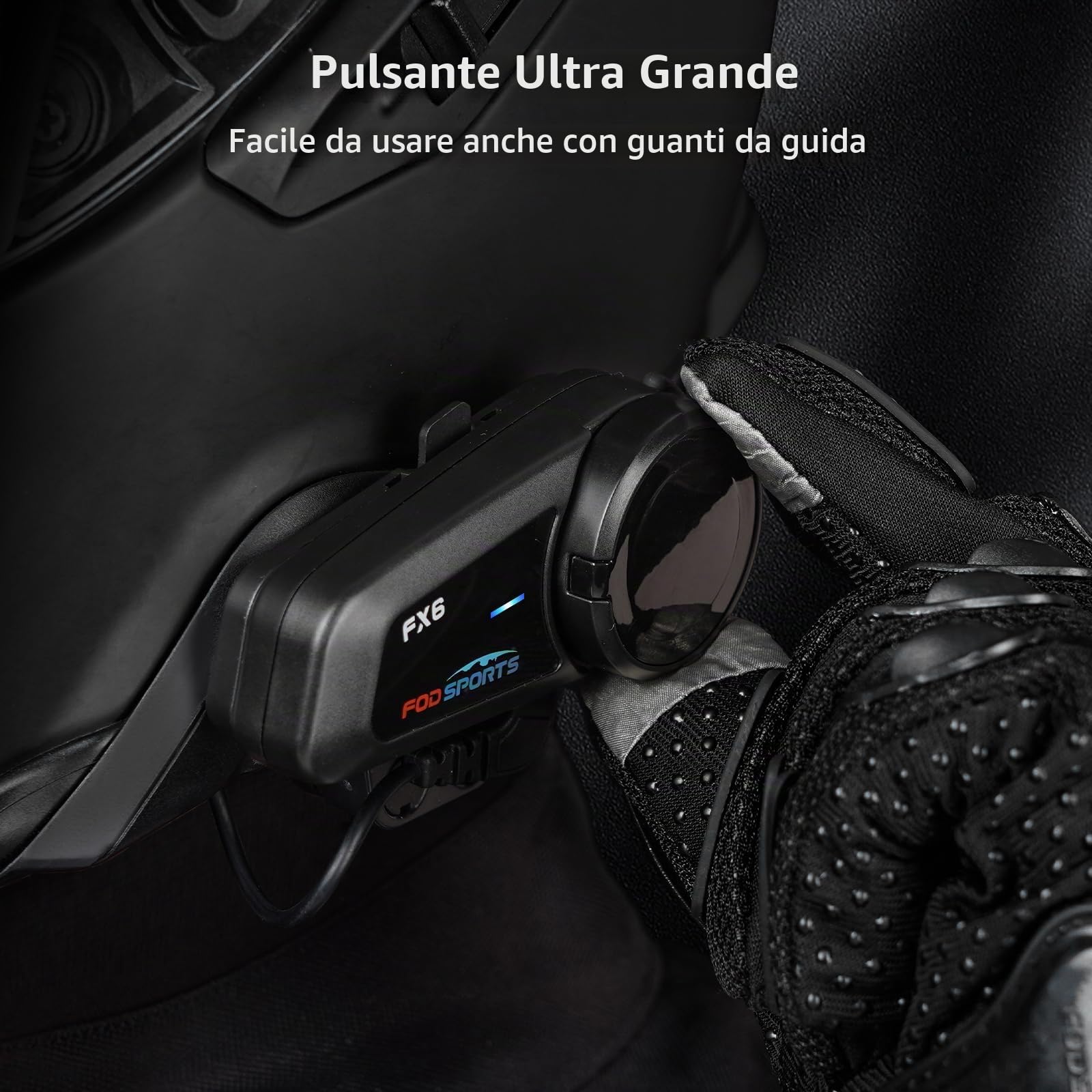 FODSPORTS FX6 Interfono Moto Bluetooth Casco Audio Stereo Hi-Fi CVC Riduzione Rumore Auricolare Per 6 Motociclisti Simultaneo Entro 1000m Mani Libere GPS FM