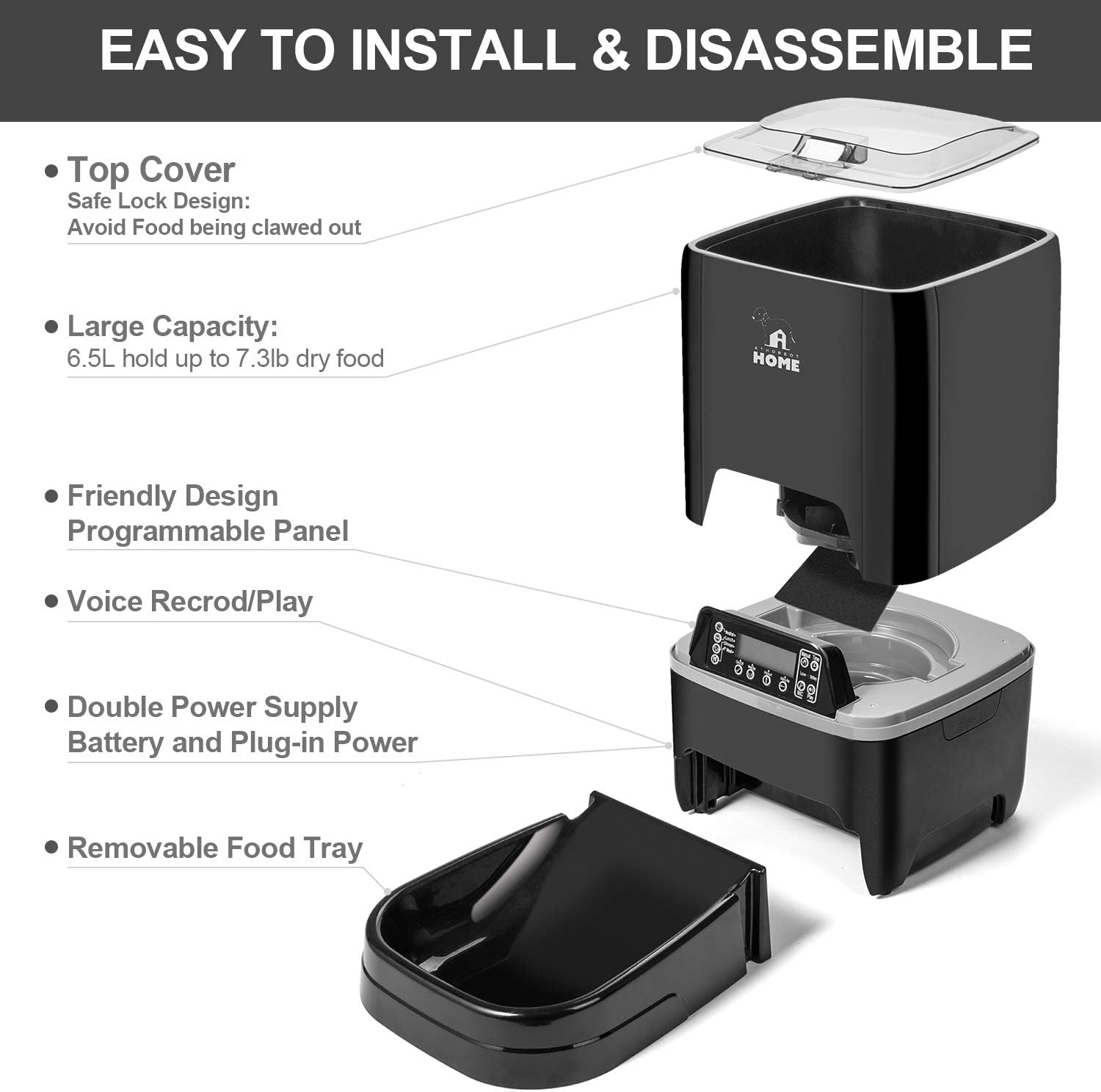Exploded view of the pet feeder showing its easy-to-assemble components: top cover, food hopper, control unit, and food tray.