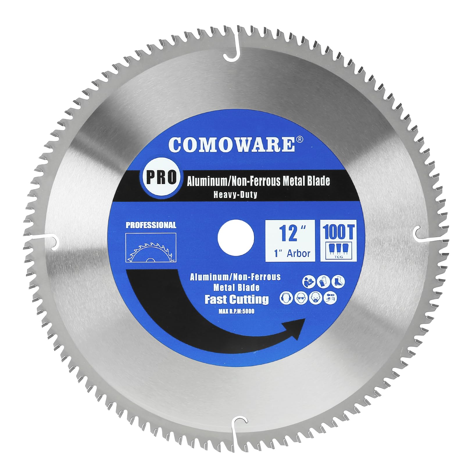 COMOWARE 12“ Circular Saw Blade, 100T TCG Metal Cutting Blade, 1" Arbor, TCT Carbide-Tipped, Anti-Vibration, Teflon Anti-Stick, Metal Cutting Circular Saw Blade for Aluminum and Non Ferrous Metals