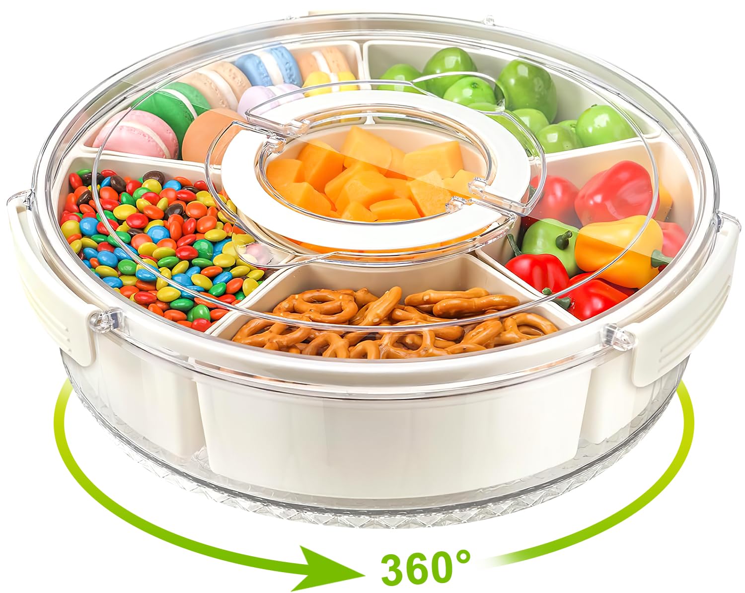 Kezidhp Snackbox met 8 vakken, snackborden van vaatwasmachinebestendig, snackschaal met deksel en handgreep, draagbare snackbox organizer voor snoep, fruit, koekjes, dessert, groente en noten