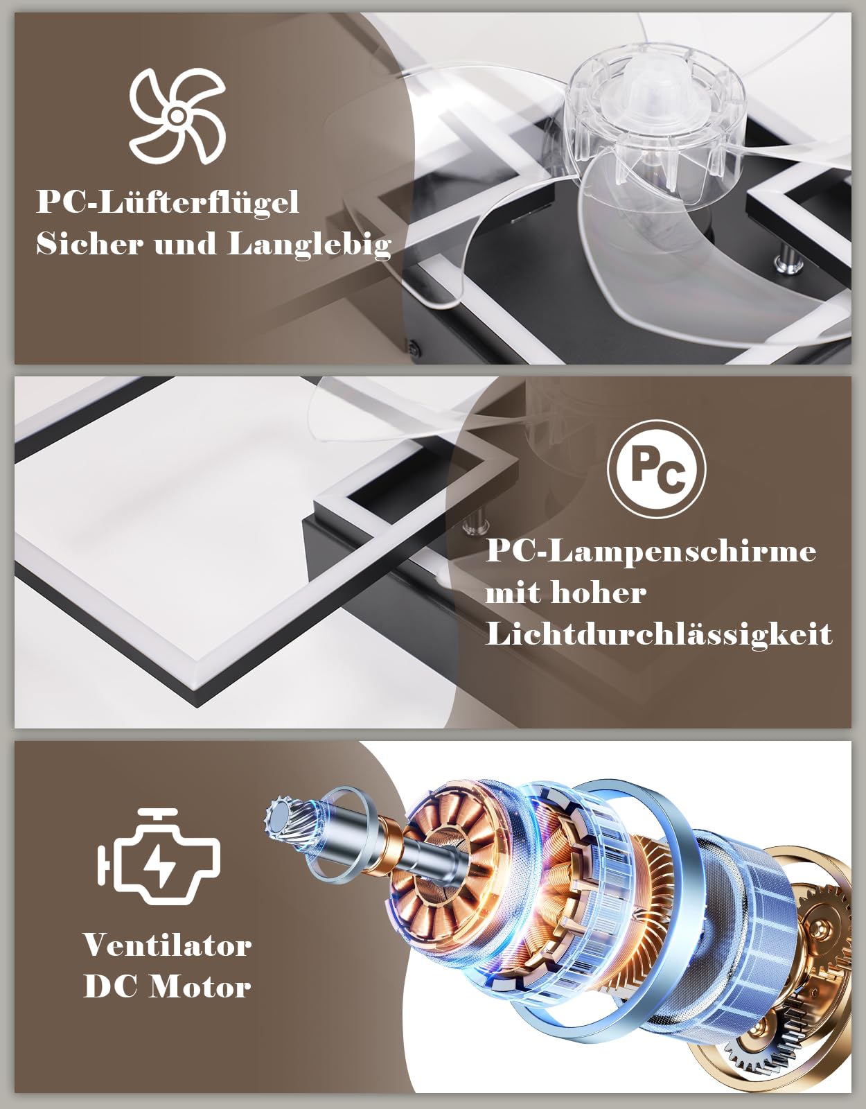 Homefire Moderne Deckenlampe mit Ventilator 68cm - Deckenventilator mit Beleuchtung 6-Gang LED Deckenventilatoren mit Licht Dimmbar mit Fernbedienung Timer für Wohnzimmer Esszimmer | Beleuchtung, 6 Geschwindigkeiten LED Deckenventilator mit Beleuchtung, D