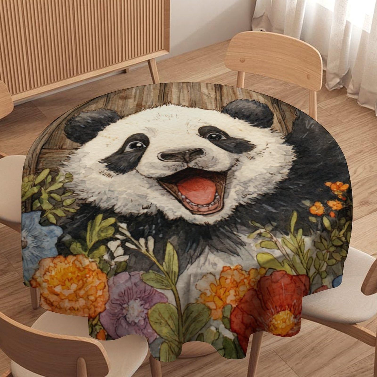 LUYYSKY Retro Realistic Cute Panda Waterproof Round Tablecloth Classic Realistic Barn Wooden Door Animals Panda Washable Table Cover for Kitchen-177.8" Wx177.8 L cm