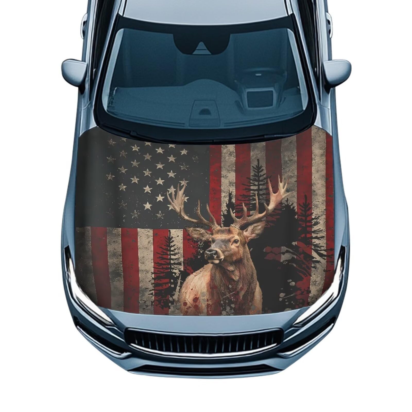 Deer American Flag Hood Wraps for Cars Hood Wrap Protector Washable Car Hook Elastic Fabrics Can be Washed Hook Wraps