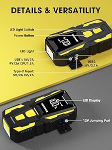 DBPOWER 5000A Jump Starter, 74Wh Car Battery Jump Starter for Up to 10.0L Gas and 8.0L Diesel Engine, 12V Portable Jump Box Battery Pack with Display, LED Light, Jumper Cables, and Storage Case
