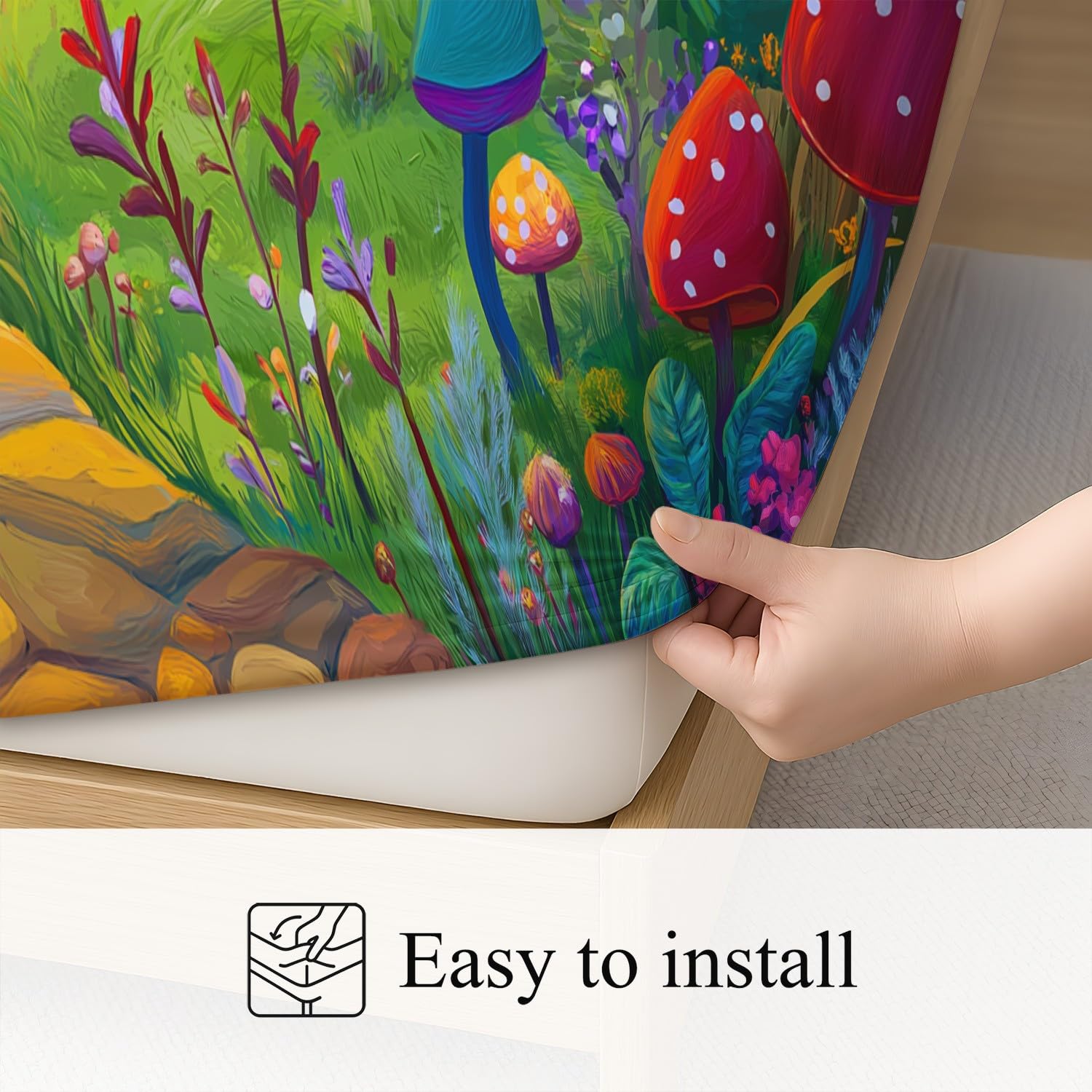 Cartoon Wald Spannbetttuch Märchenhaft Weg Pilz Bäume Spannbettlaken 200 x 200 x 30 cm 3teilig Mikrofaser Bettwäsche Set mit 2 Kissenbezüge 80 x 80 cm Kein Flachbettlaken