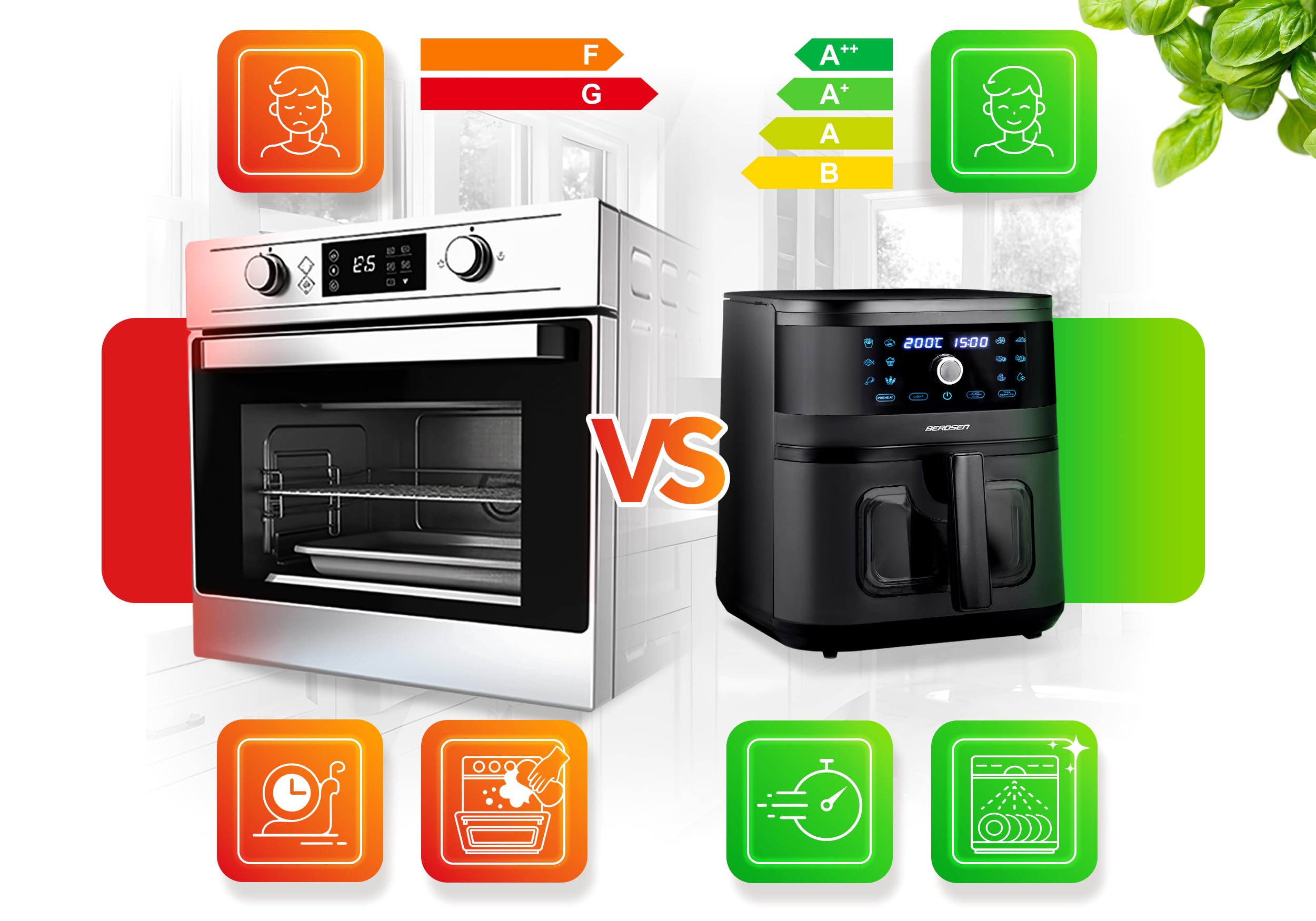 Berdsen Frytkownica Beztłuszczowa XXL 8L - Airfryer z Okienkiem i Ekranem Dotykowym - 1700W - 12 Programów - Zdrowo bez Tłuszczu - Czarna