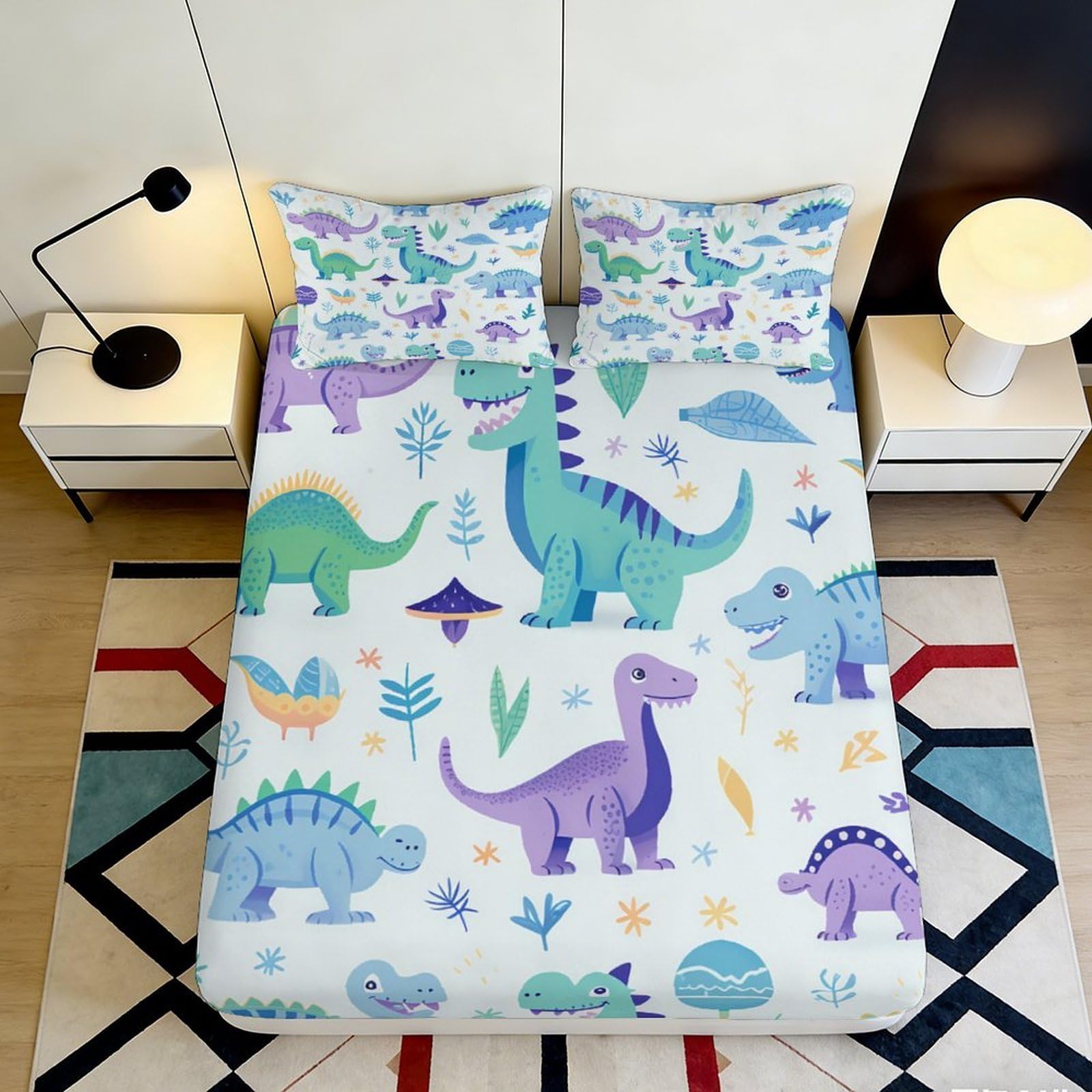 3D Printed Cartoon Dinosaur Fitted Sheet Microfiber Soft Blue Green Purple Bed Cover for Bedroom Guestroom Decor 90x200x25cm