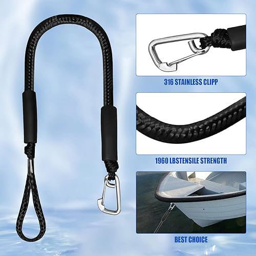 Miniatura 3 de 4 líneas de muelle elástico, líneas de muelle elástico de 2 pies con cuerda de amarre de clip inoxidable 316 para acoplamiento para P-W-C, Kay-ak,