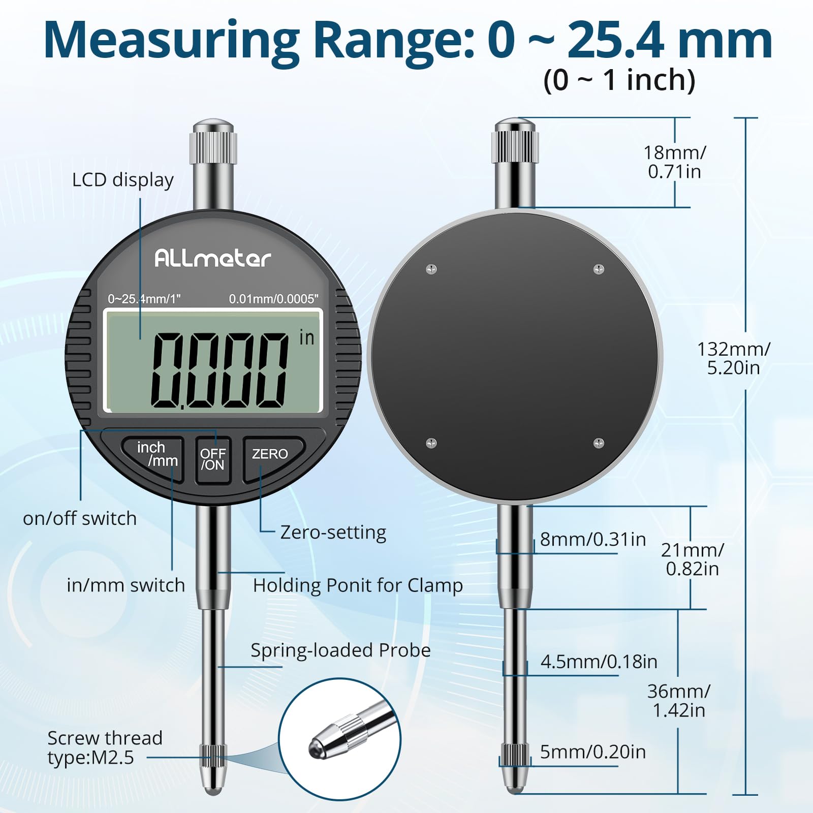 DTI Comparatore Centesimale Digitale con Sonda 0-25.4mm/1'', Risoluzione 0.01mm/0.0005'', Display LCD Retroilluminato, Unità Millimetri e Pollici, Indicatore Elettronico di Precisione - Nero