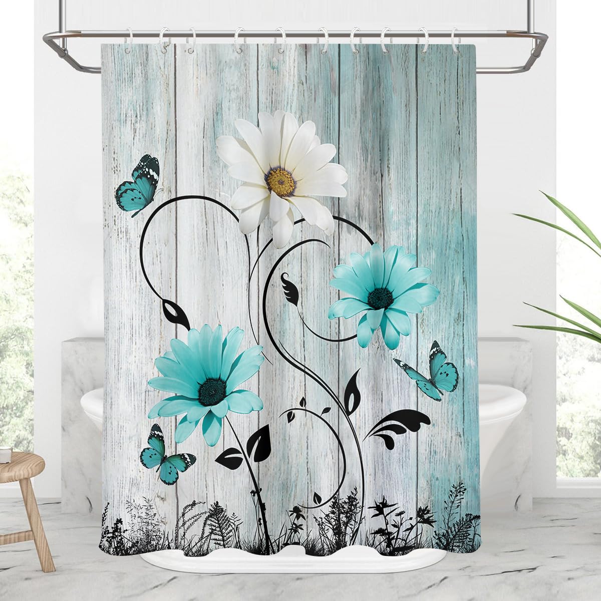 AAtter Teal Aqua Turquoise Shower Curtain Floral Flower Butterfly Daisy Rustic Blue Farmhouse Wooden White Country Black Vintage Farm Antique Home
